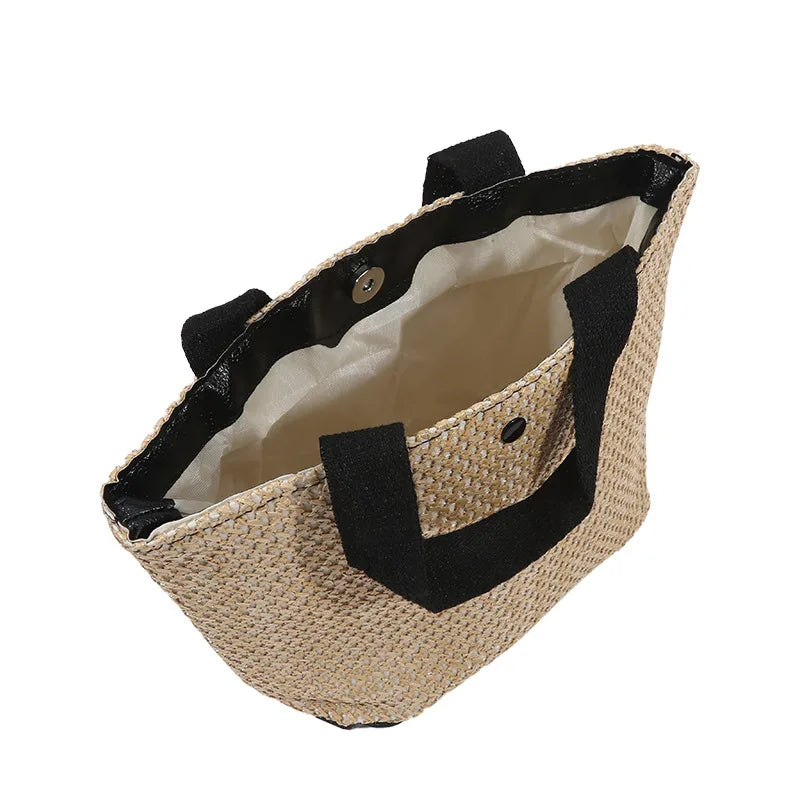Trendy Straw Handbag Women's Woven Beach Bag Casual Snap Button Satchel Bag Small Braided Shoulder Bag For Travel Beach Trip