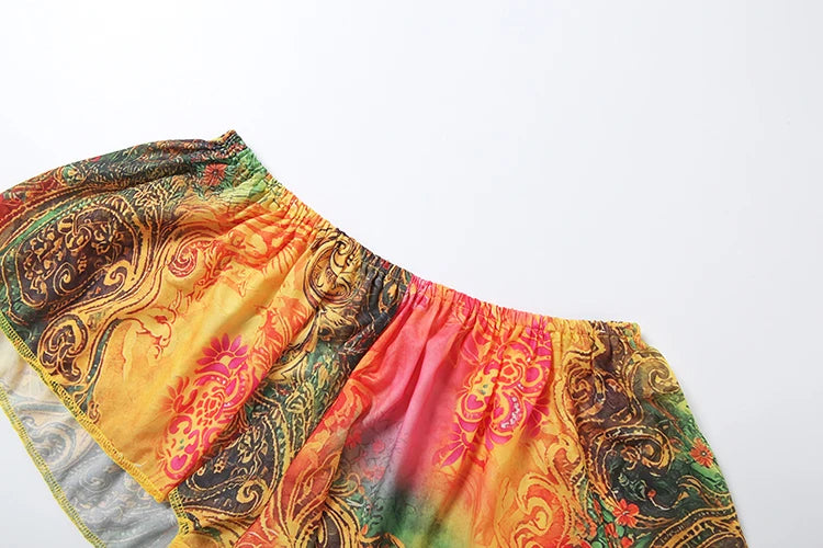 Kliou Colorful Print 2 Piece Set Woman Summer Trend Halter Backless Ruffles Camisole Tops+Elastic Waist Shorts Beach Style Suits
