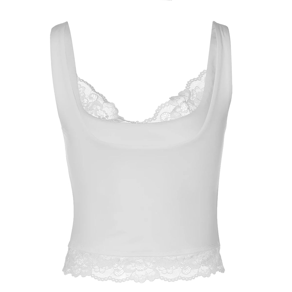 Hugcitar 2026 Fashion Square Neck Patchwork Lace Straps Sexy Crop Tank Top Spring Summer Women Clothes Holiday Streetwear Club