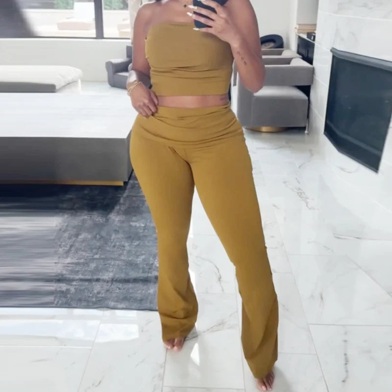 HXAO Olive Green Slim Pant Sets Women's Two Pieces Set Crop Off Shoulder Ruffled Tube Top Outfits Mid Waist Flares Trousers Sets