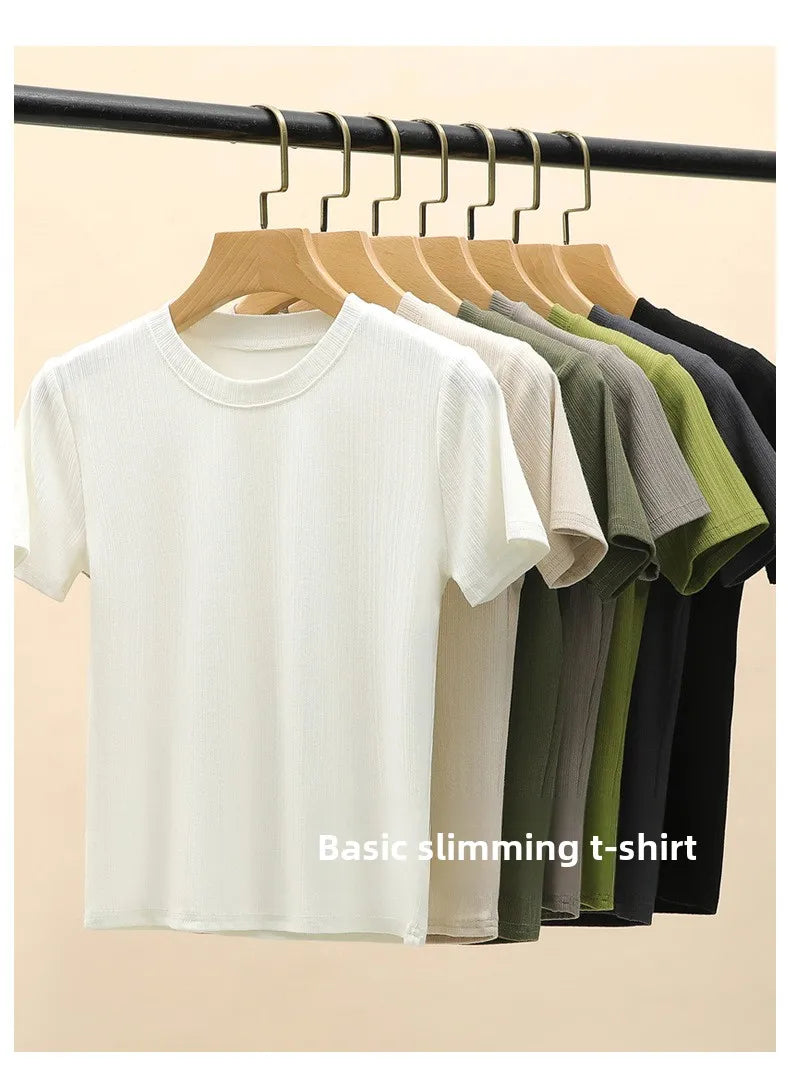 Summer New Women's Crewneck T-shirt Knitted Short-sleeved Top Casual All-match T-shirt Striped Base Shirt Slim-fit Breathable