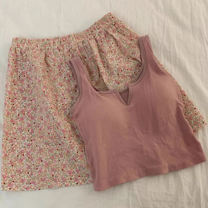 Korean Style Sexy Cute Little Emerald Flower Vest Women's Home Clothes With Chest Cushion Comfortable Cotton Pajamas Set