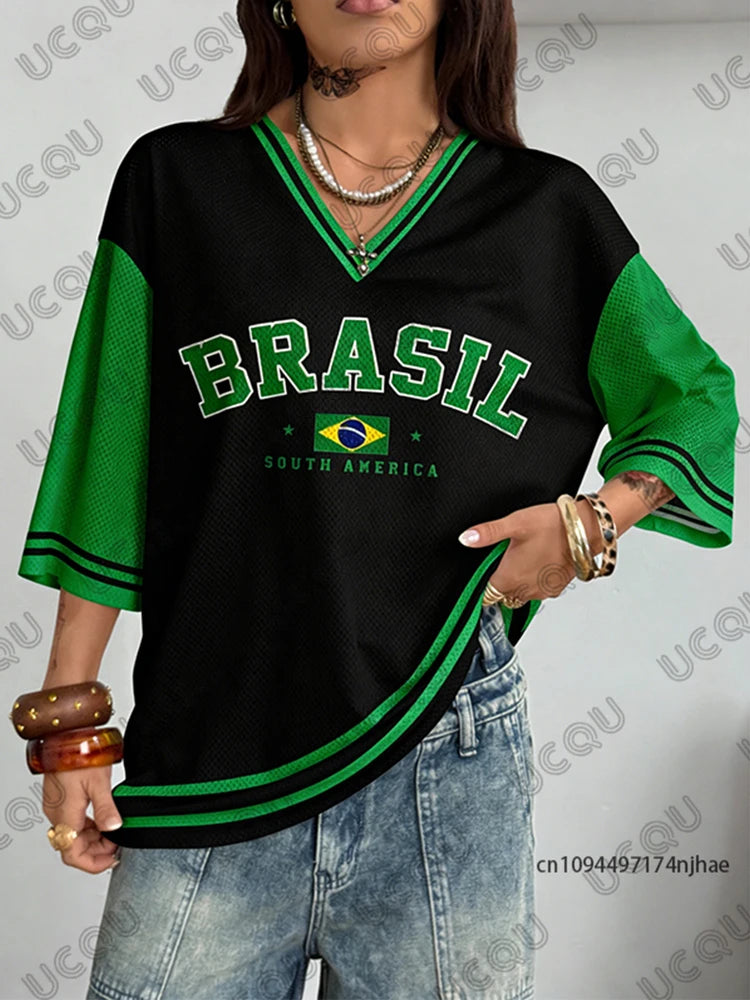 Summer New Brazil Print T Shirt For Women V-Neck Patchwork Short Sleeve Sports Football Jersey Y2K Loose Oversized Vintage Tops