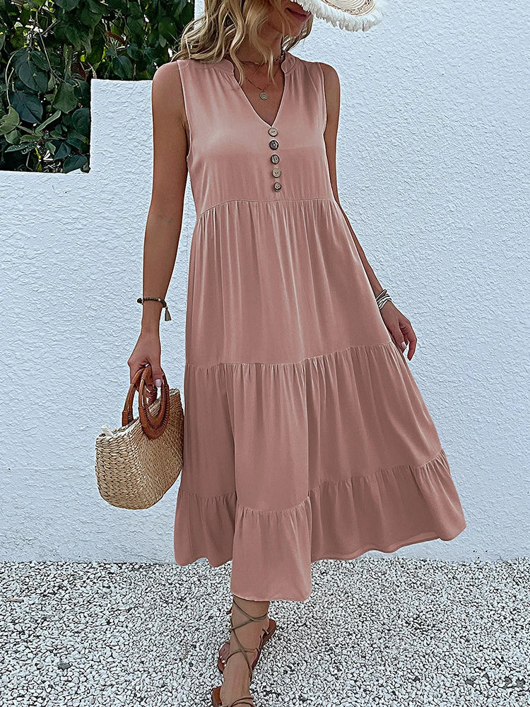 Casual Summer Midi Dress Women Sleeveless Tank V Neck Buttons Ruffle Loose Dresses Beach Soild Sundress Fashion