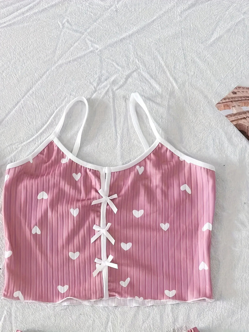 Women Heart Print Ribbed Pajama Set Bow Decor Crop Cami Top and Elastic Shorts Summer Sleepwear Lounge Set
