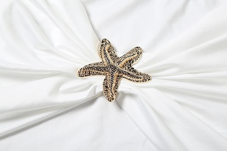 Nibber Hipster Metal Starfish Decoration 2 Piece Set Women Slash Neck Backless Crop Tops+Ruched Mini Skirt Street Elegant Suit
