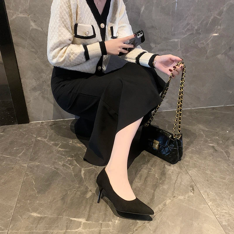 Women New Mid Heeled Sandals Black 6-8-10cm Pointed Thin Heeled Baotou Banquet High Heeled Shoes Womens Shoes Tacones Mujer