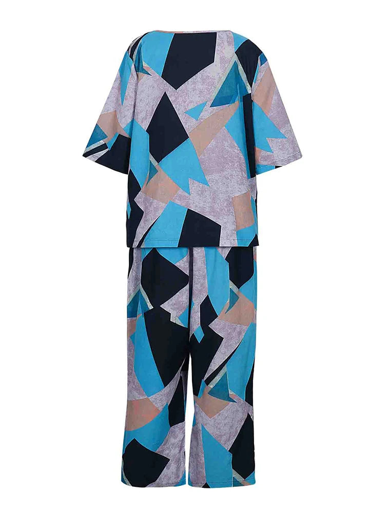 plus Size Women's Summer Cotton Linen Trousers Set with Printed round Neck Five Points Sleeve Top And Bottoms Two-Piece Ensemble