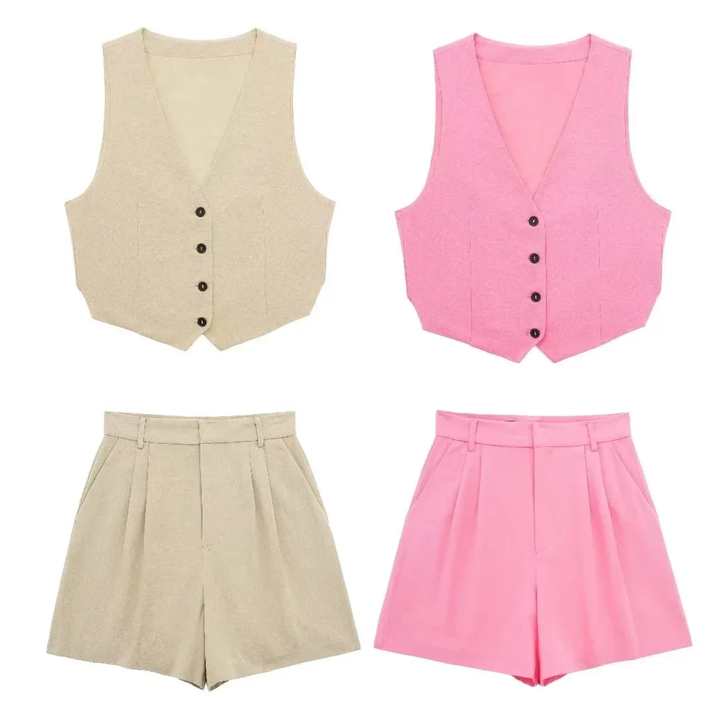 HH Women 2 Piece Vest Shorts Set V Neck Button Waistcoat High Waist Pleated Shorts Office Lady Casual Business Solid Suit