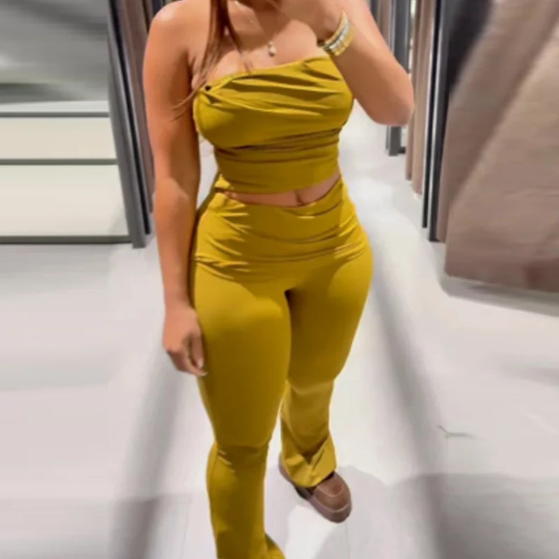 HXAO Olive Green Slim Pant Sets Women's Two Pieces Set Crop Off Shoulder Ruffled Tube Top Outfits Mid Waist Flares Trousers Sets