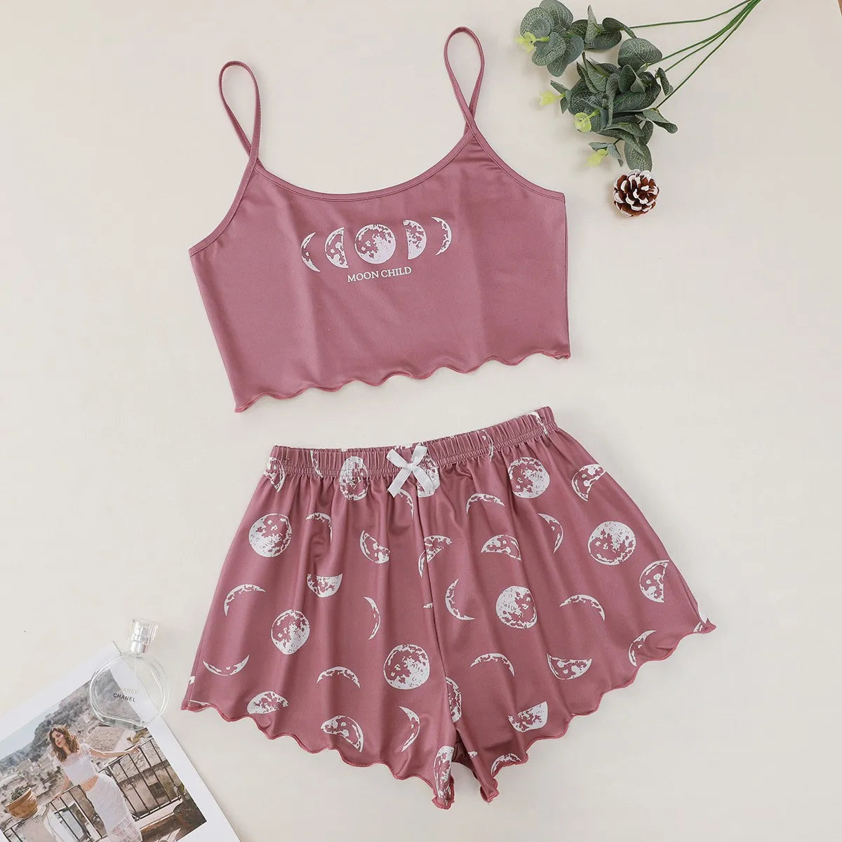 Women Pajamas Sleepwear Pajama Set Sports Camisole and Shorts Pink Black Moon and Planet Print Summer Comfortable Casual Suit