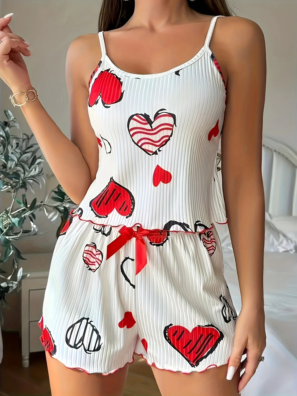 Women Heart Print Pajama Set Ribbed Cami Top and Shorts Sleepwear Lightweight Breathable Loungewear Homewear 2PCS