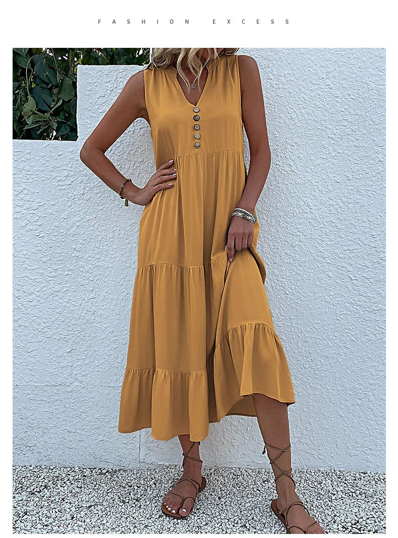 Casual Summer Midi Dress Women Sleeveless Tank V Neck Buttons Ruffle Loose Dresses Beach Soild Sundress Fashion