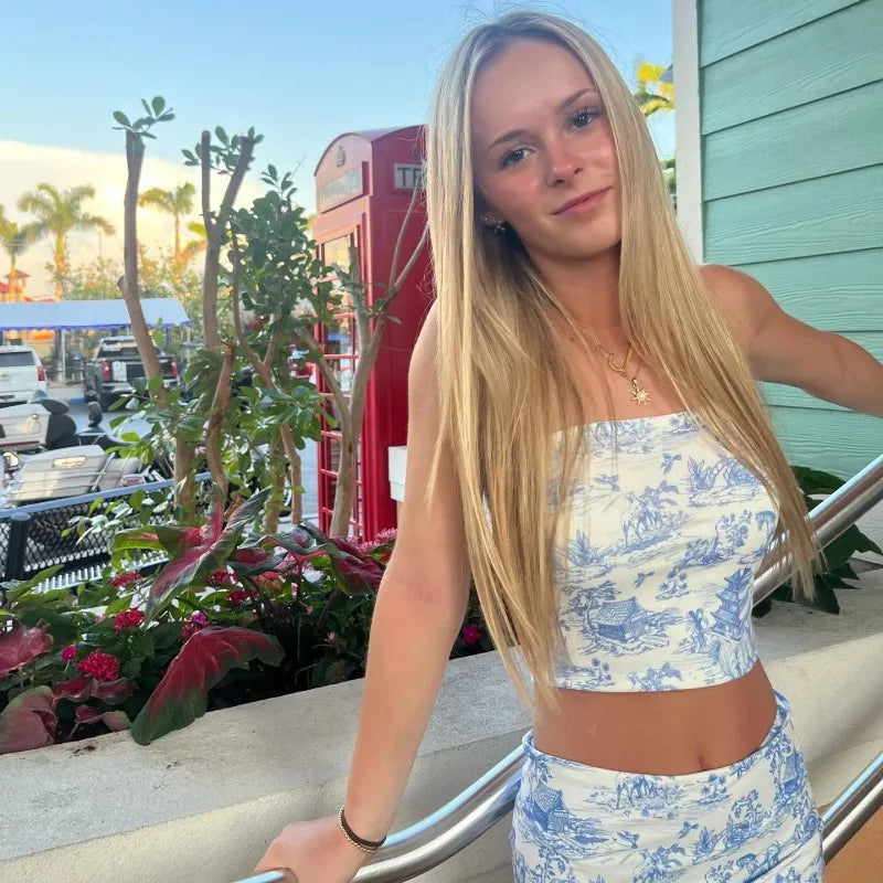 Oshfall Summer Outfits For Women 2-Piece Set Sleeveless Retro Printing Strapless Top+High Waist Slim Mini Skirt Street Clothing