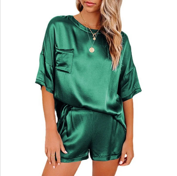 2024 European and American Spring New Solid Color Silk Like Pajamas Home Furnishing Short Sleeve Shorts Irregular Two Piece Set