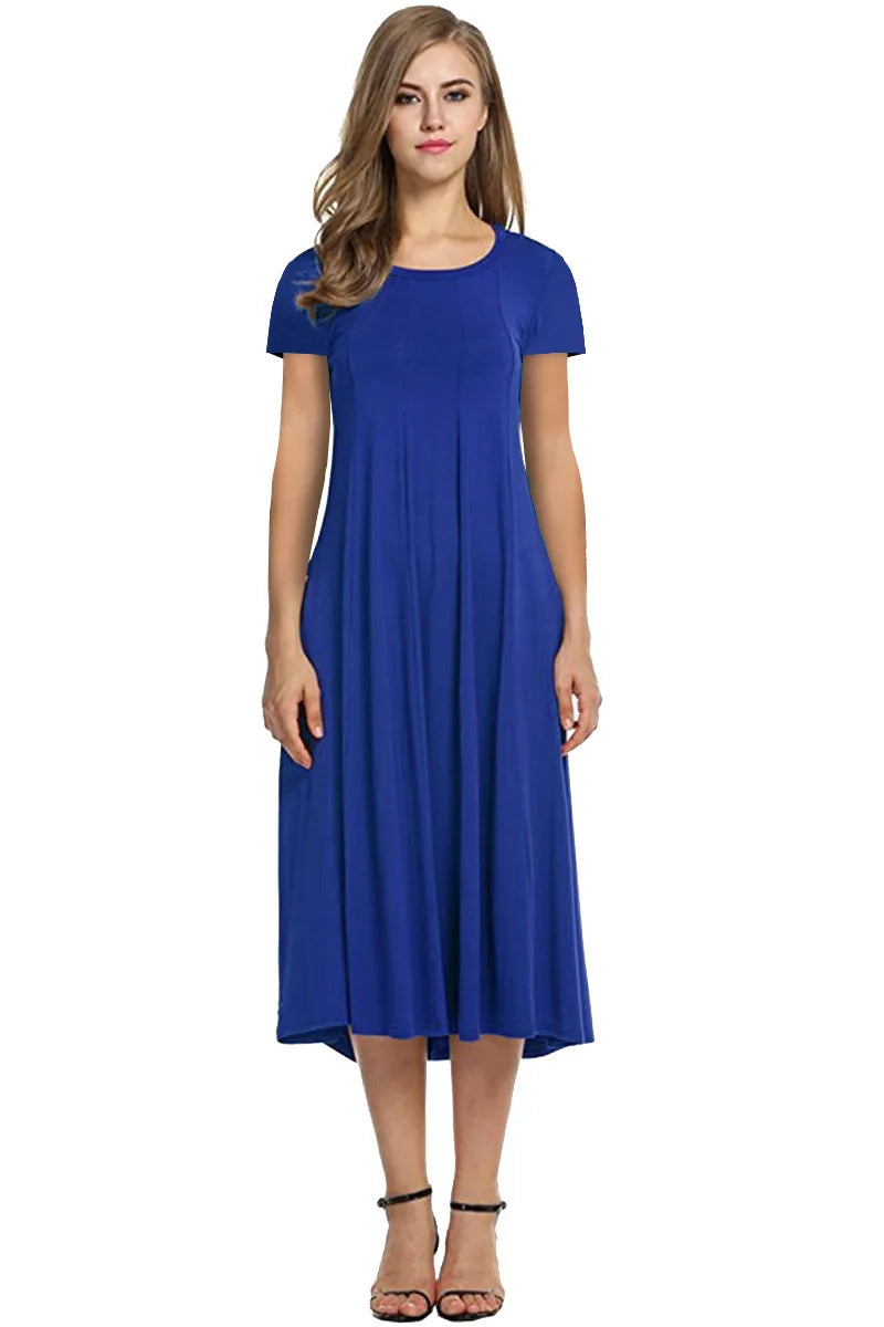 2024 Summer Women's Top Selling Round Neck Short Sleeve Solid Color Flare Dress