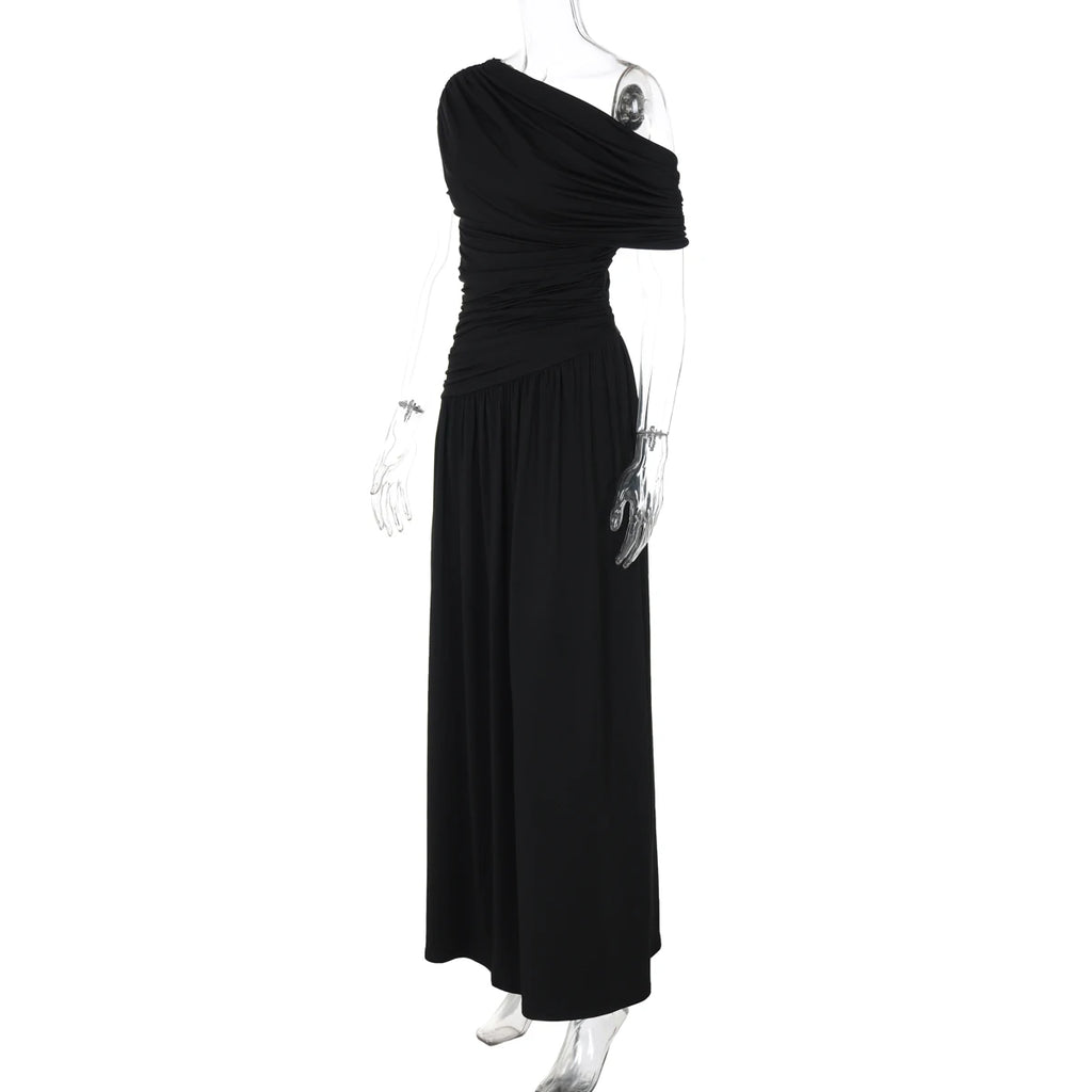 Hugcitar One Shoulder Ruched Sleeveless Solid Pleated Sexy Irregular Y2K Maxi Dress Summer Elegant Party Women Clothes Vacation