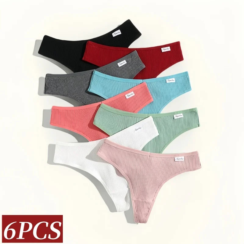 6Pcs/Set Women Cotton Thongs Female Ribbed Panties Low Rise G-String Sexy Underwear Solid Color Bikini Soft S-XL Intimates