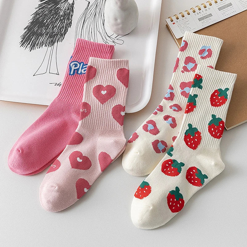 Cute Harajuku Strawberry Love Sweet Socks Middle Tube Breathable Fashion Autumn And Winter Casual Socks