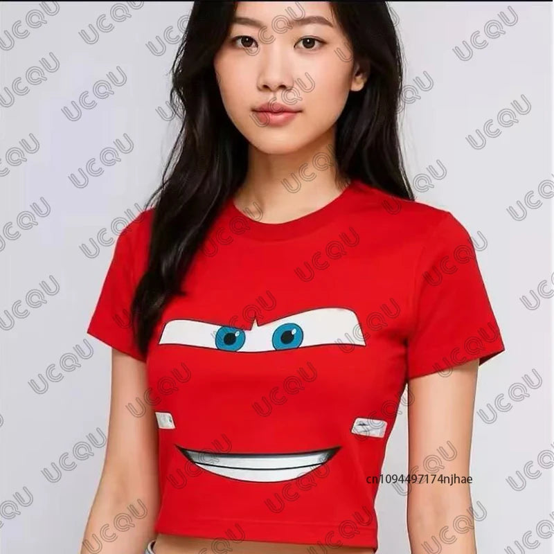 Summer New Lightning Mcqueen Print T-shirt For Women Korea Sle Short Sleeve Crop Top Streetwear Tees Vintage Casual Y2k Tops
