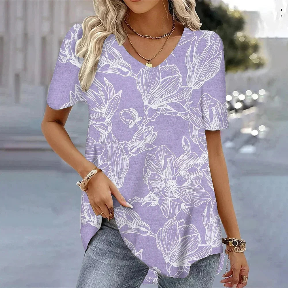 3D Butterfly Printed Short Sleeve T-shirt Korean Style Women's Clothes 2024 V-neck Short Sleeves Tees Shirt Loose Casual Blouses