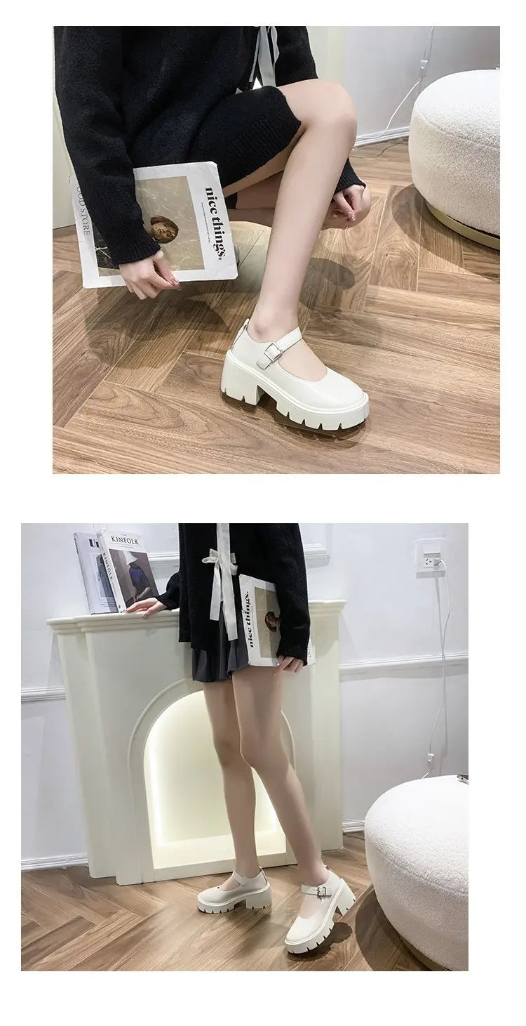 Lolita Shoes Japanese Girl Platform Black high heels fashion Round Toe Mary Jane Women Patent faux Leather Student Cosplay Shoes