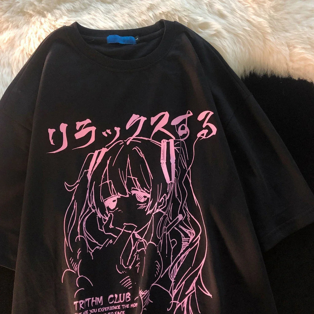 Women's Y2K Japanese Harajuku Graphic T-Shirt Kawaii Anime Print Oversized Grunge Top for Casual Wear Graphic T Shirts