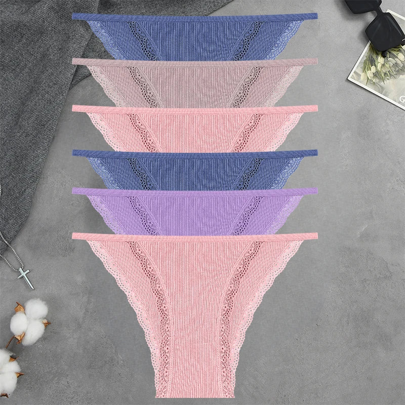 FIENTOO 6PCS Sexy Low-Waist Briefs Lace Cotton Panties for Women Female Soft Underwear Girls Elastic Intimates Sexy Lingerie