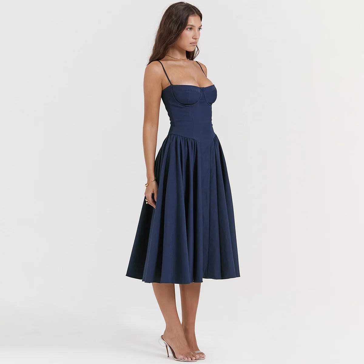 Summer Women Elegant Sleeveless Backless Pleated Dresses Lady Sexy Solid Sling Midi Dress 2024 Female Party Evening A-line Robes