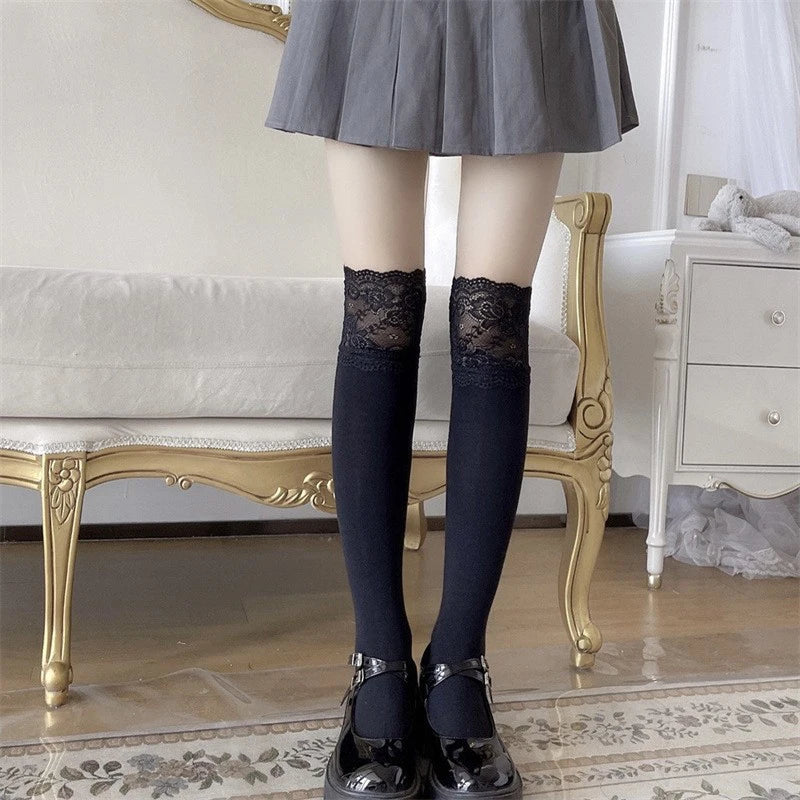 Fashionable Sexy Lace Patchwork Casual Winter Warm Solid Color Elastic Japanese Jk Socks