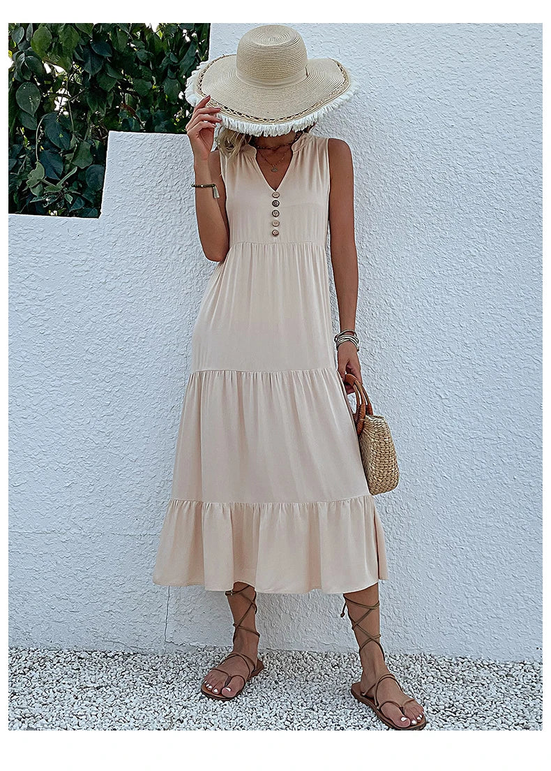 Casual Summer Midi Dress Women Sleeveless Tank V Neck Buttons Ruffle Loose Dresses Beach Soild Sundress Fashion