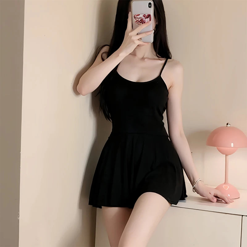 Women Sexy Halter Backless Slim V-neck  Mini Dress Smooth  Allure Pleated Micro MINI Dress Fashion Uniform Party Night Outfits