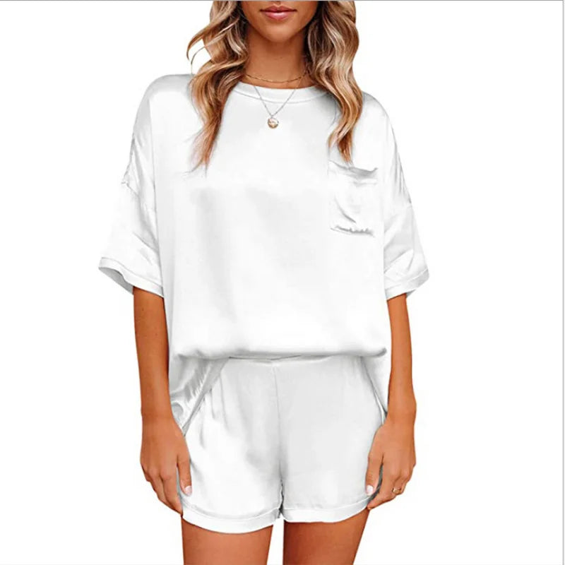 2024 European and American Spring New Solid Color Silk Like Pajamas Home Furnishing Short Sleeve Shorts Irregular Two Piece Set