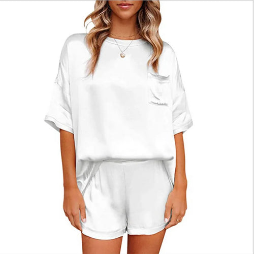 2024 European and American Spring New Solid Color Silk Like Pajamas Home Furnishing Short Sleeve Shorts Irregular Two Piece Set