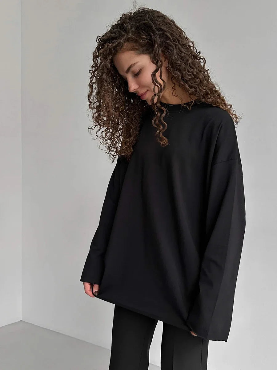 Blubelle Women Autumn 100% Cotton T-shirt Bottoming Spring Basic Fashionable Solid Lady Long Sleeve Loose Tops Shirts