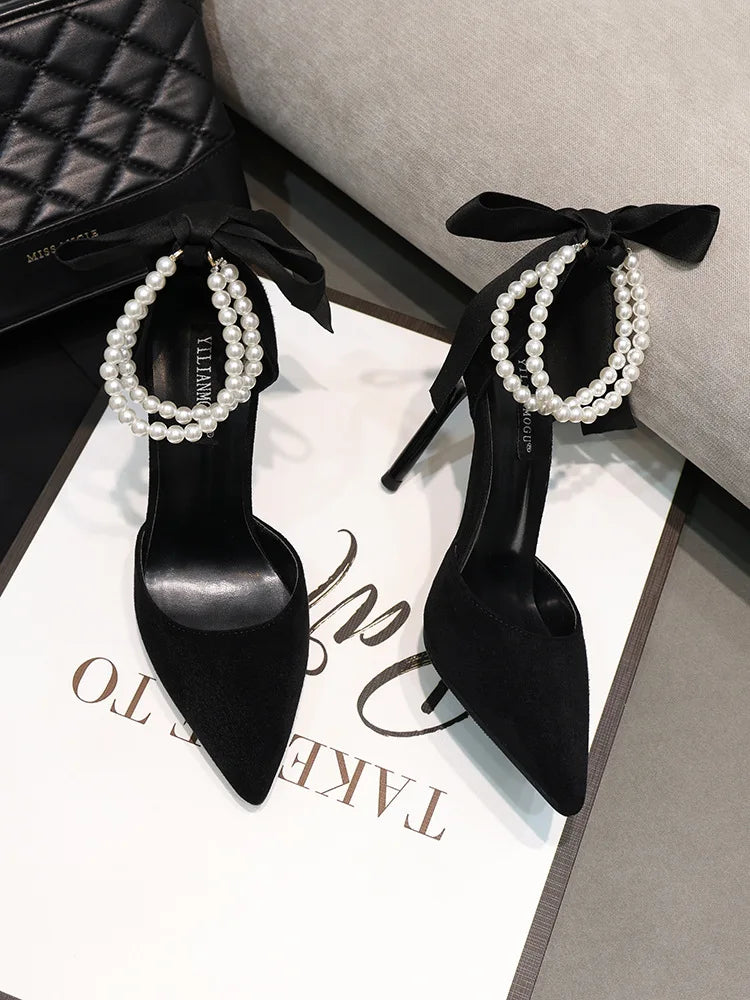 2026 Black Women's Pumps Summer New Brand Design String Bead Pearls Wedding Bridal High Heels Sexy Pointed Toe Party Dance Shoes