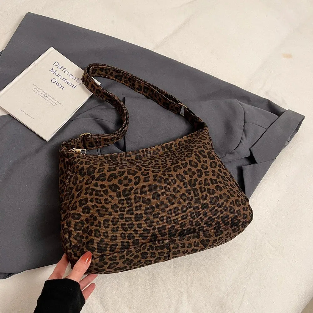 Trendy Casual Soft Textile Women's Shoulder Bag Large Capacity Leopard Print Female Retro Crossbody Bag For Commute Outings
