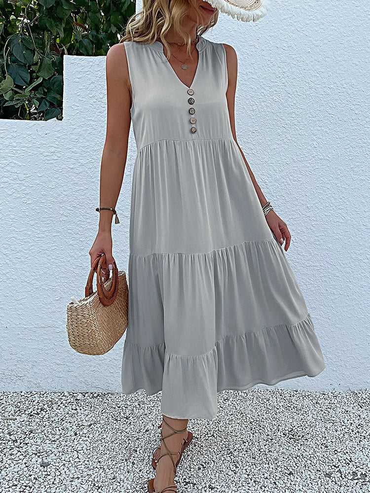 Casual Summer Midi Dress Women Sleeveless Tank V Neck Buttons Ruffle Loose Dresses Beach Soild Sundress Fashion