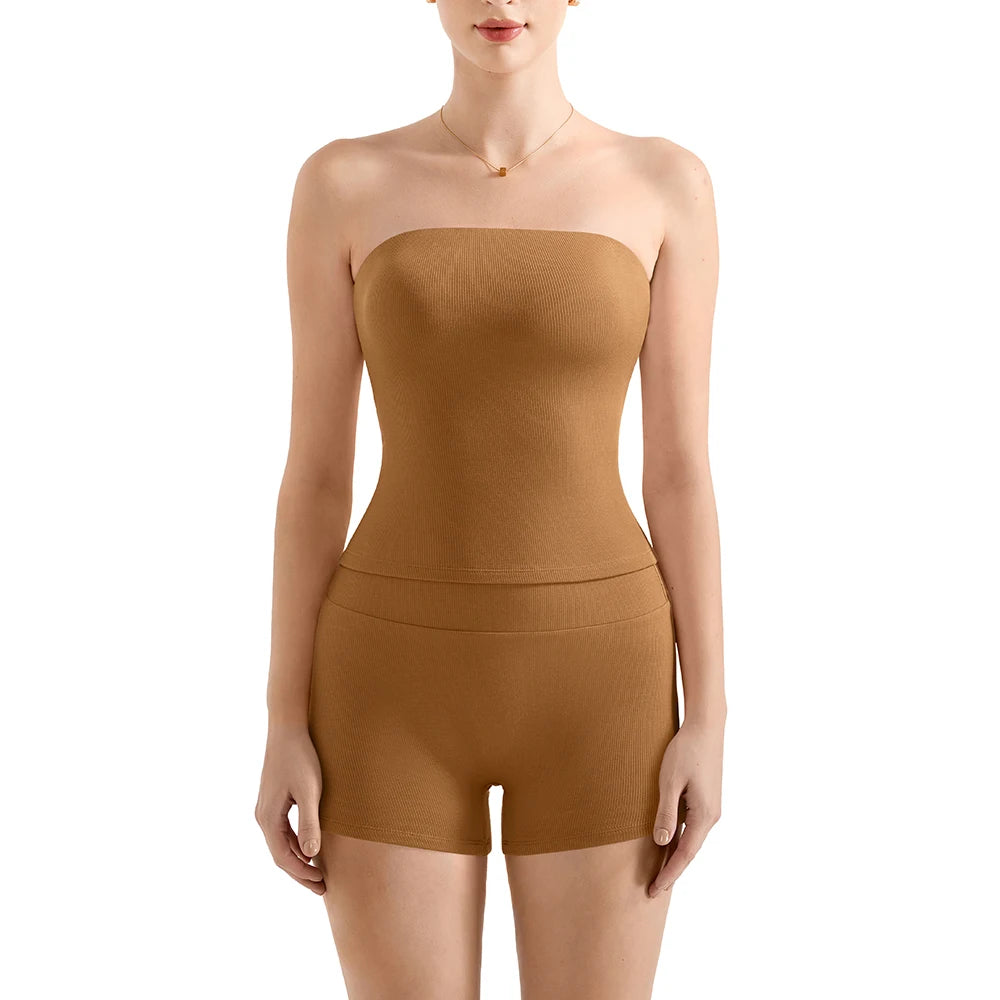 Women Y2K 2 Piece Modal Lounge Sets Double Lined Workout Sets Strapless Tube Top Low Waist Shorts Loungewear Suits Ladies