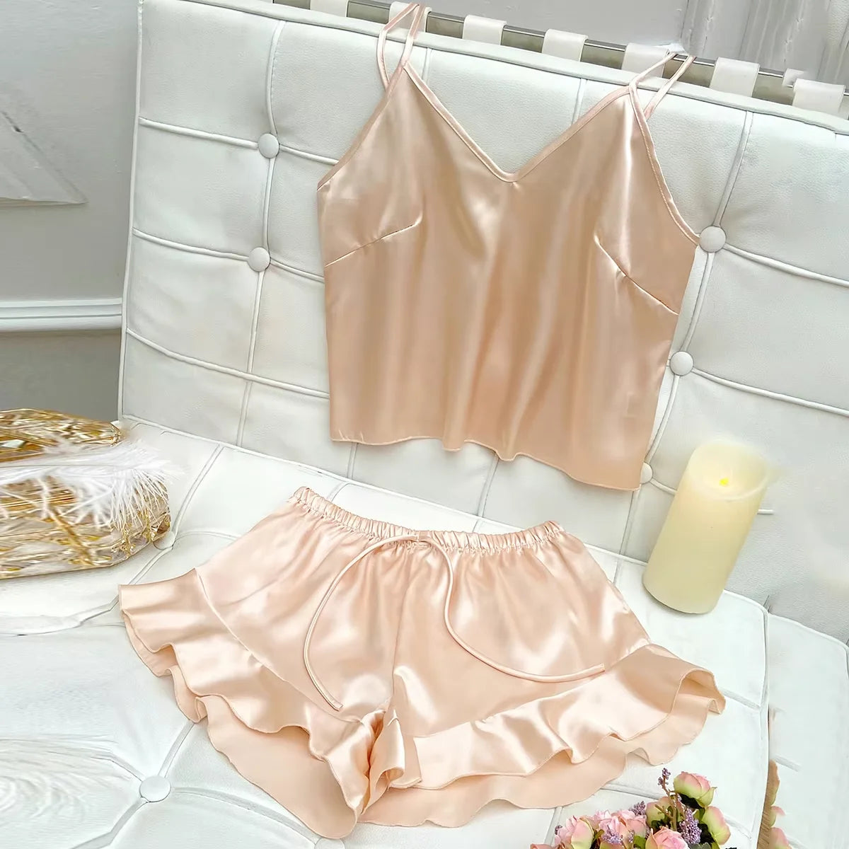 Solid Satin Pajama Set V Neck Cami Top Ruffle Shorts Women's Sleepwear Loungewear