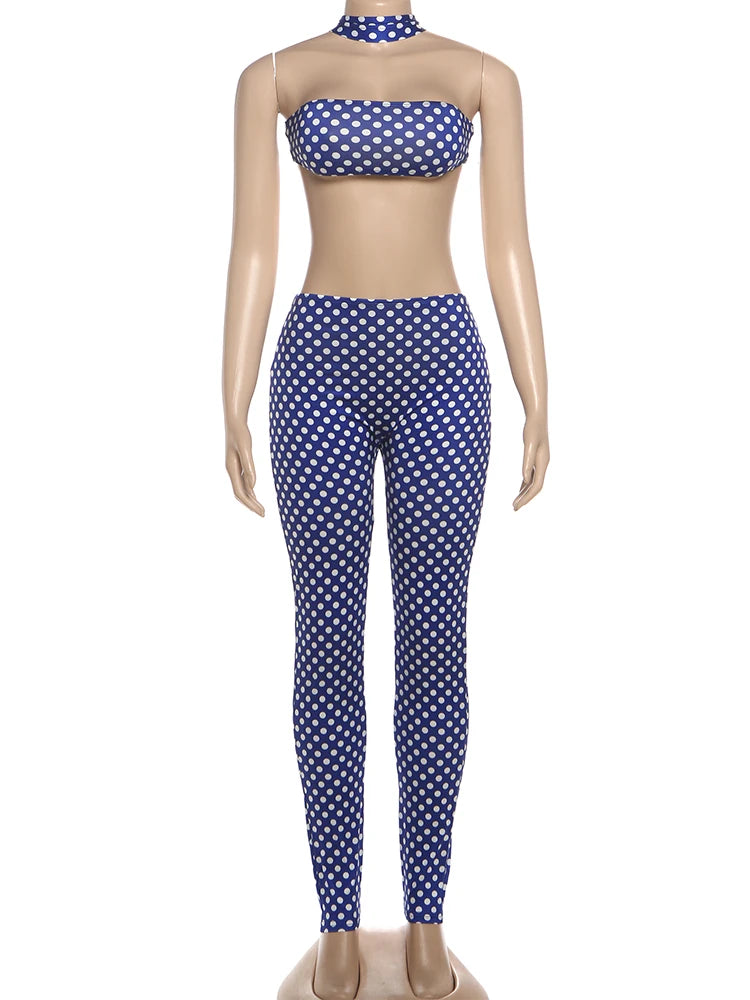 Sisterlinda Women Backless Tracksuit Dot Print Sexy 2 Piece Set Halter Tank Tops+Leggings Matching Streetwear Stretch Outfits