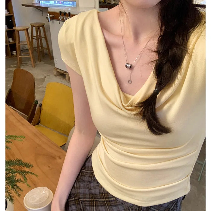 1pcs Girls Off-Shoulder T-shirt Women's Basic Fashion Tee Solid Ladys Short Sleeve Slim Tops Females Sexy Slanted Collar Tshirts