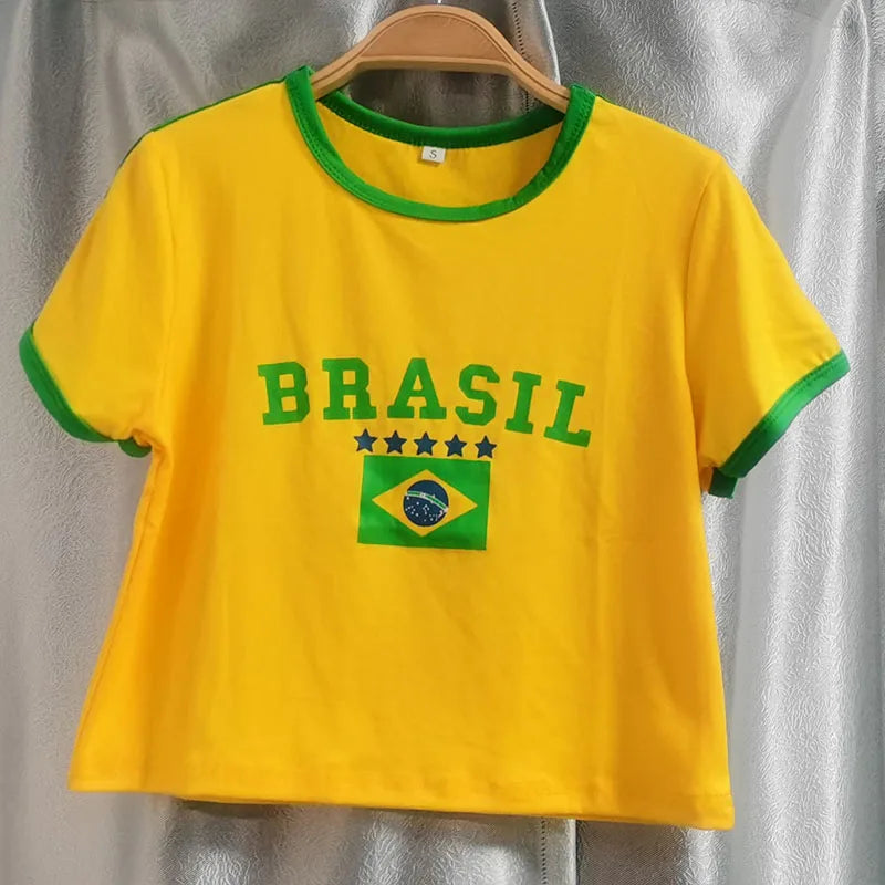 2000s Aesthetic BRASIL Letter Print T-Shirt Shorts Suit Women Vintage Grunge Short Sleeve Baby Tees Summer Crop Top Y2k Clothes