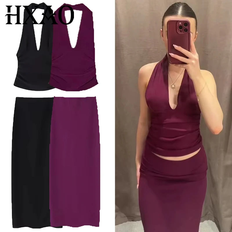 HXAO 2025 Women's Two Pieces Set Purple Black Skirt Set Ruffled Halter Neck Crop Top 2 Piece Woman Midi High Waist Slit Suit 066