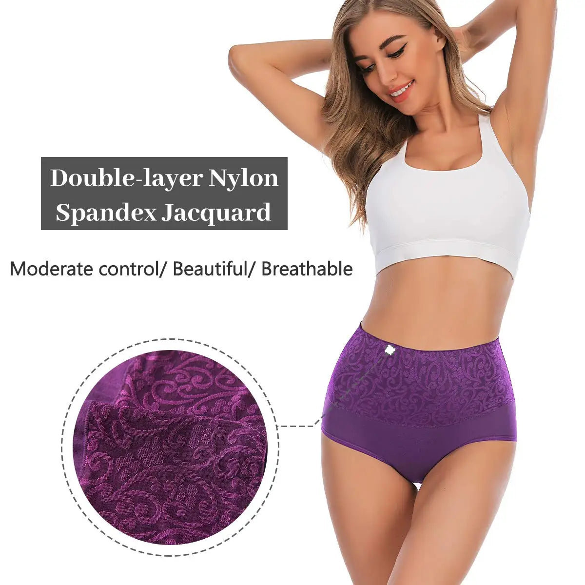 2PCS Plus Size Women's Cotton Underwear High Waisted Tummy Control Panties Full Coverage Briefs Jacquard Ladies Panty