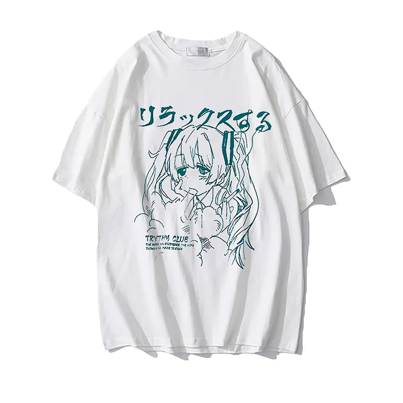 Women's Y2K Japanese Harajuku Graphic T-Shirt Kawaii Anime Print Oversized Grunge Top for Casual Wear Graphic T Shirts