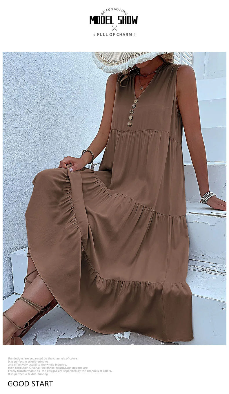 Casual Summer Midi Dress Women Sleeveless Tank V Neck Buttons Ruffle Loose Dresses Beach Soild Sundress Fashion