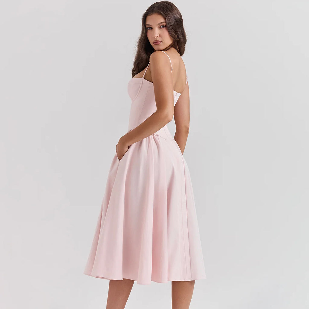 Summer Women Elegant Sleeveless Backless Pleated Dresses Lady Sexy Solid Sling Midi Dress 2024 Female Party Evening A-line Robes