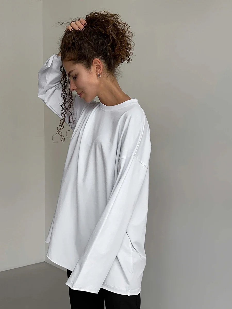 Blubelle Women Autumn 100% Cotton T-shirt Bottoming Spring Basic Fashionable Solid Lady Long Sleeve Loose Tops Shirts