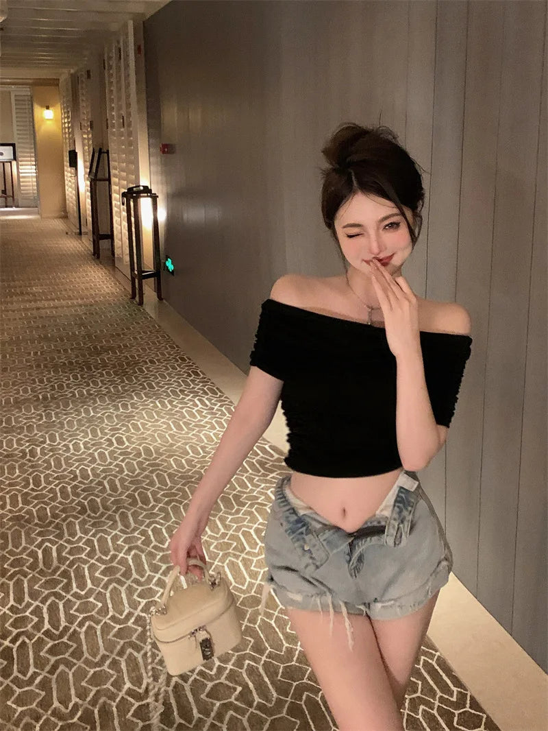 1pcs Girls Off-Shoulder T-shirt Women's Basic Fashion Tee Solid Ladys Short Sleeve Slim Tops Females Sexy Tshirts
